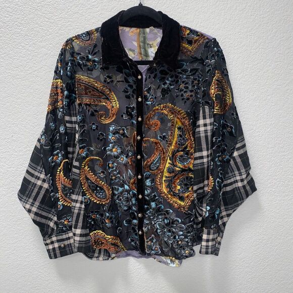 Aratta Silent Journey Velvet Burnout and Plaid Button Up Blouse Small - Picture 1 of 8